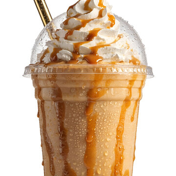 luxurious caramel milkshake in tall disposable clear cup