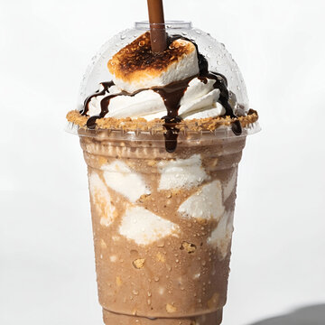 indulgent s mores milkshake in disposable clear plastic cup