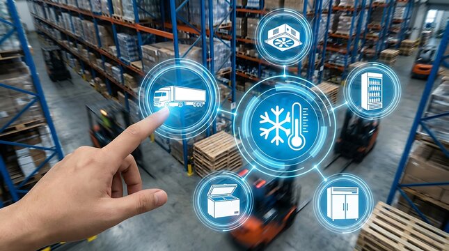 Futuristic warehouse technology a hand interacts with holographic displays of inventory and logistics data