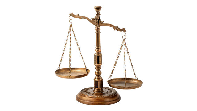 Symbol of justice displayed as a bronze scale isolated on transparent background cut out