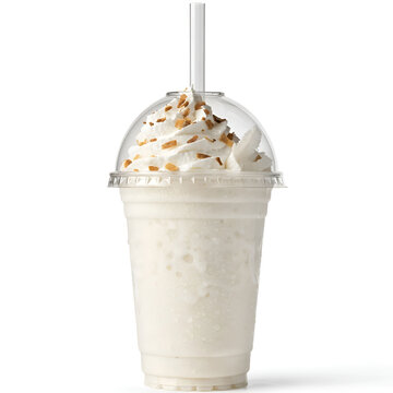 pure white coconut milkshake in disposable clear cup