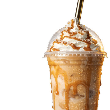premium salted caramel milkshake in disposable clear cup