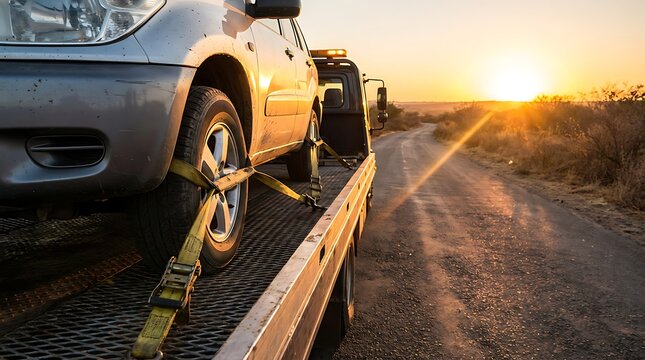 Dramatic car crash scene at sunset vehicle over guardrail with emergency response imminent