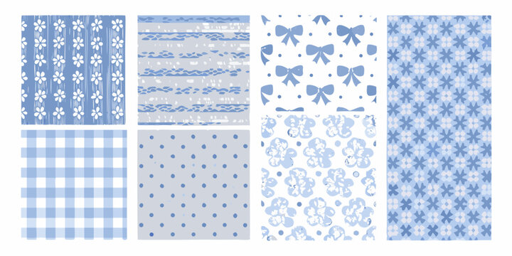 Collection of blue and white patterned fabric swatches displayed together