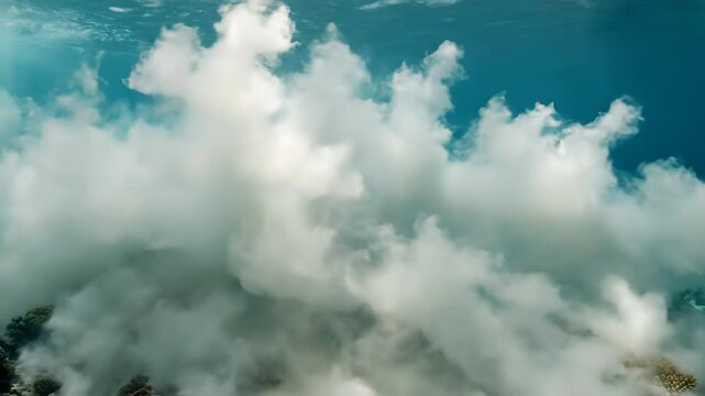 Massive white sediment plume engulfing a vibrant coral reef, underwater environmental impact, sea floor disturbance, marine ecosystem conservation, cinematic ocean exploration.