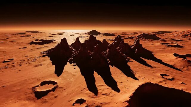 Alien planet surface landscape with craters and rocky mountain peaks under a distant sun. Cinematic aerial view of Mars-like terrain for sci-fi and space exploration media.