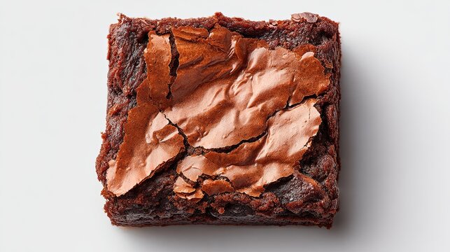 A single square chocolate brownie with a cracked shiny top surface resting on a plain white background viewed from above