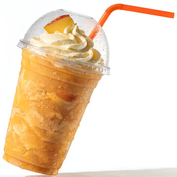 vibrant orange yellow mango shake in tall disposable cup