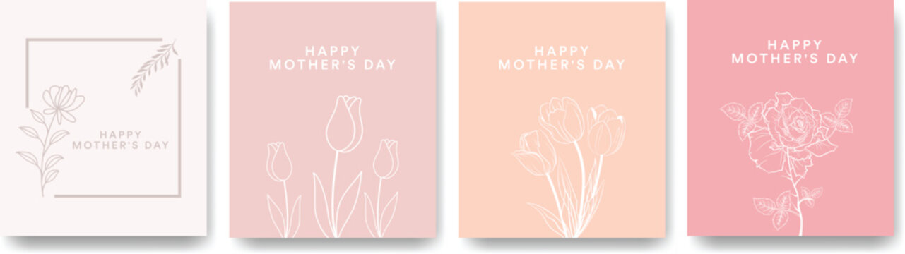 Minimalist Happy Mother's Day greeting card collection with hand drawn floral line art on blush pink pastel backgrounds.