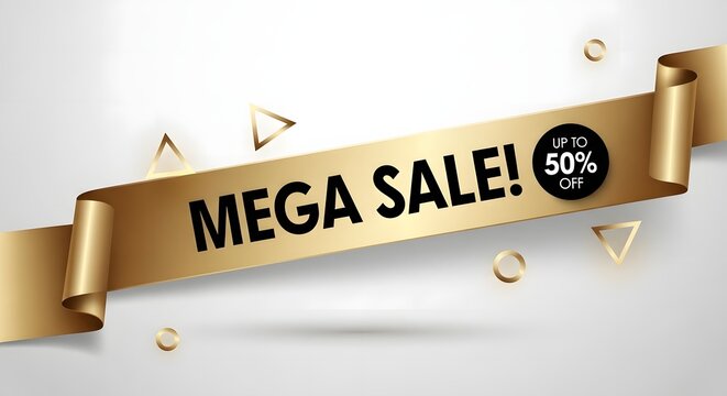 A golden ribbon banner announces a mega sale with up to 50 discount