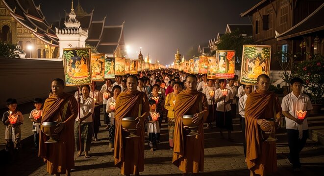 Monks Walking with Lanterns During Night Ceremony in Laos