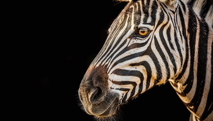 Obraz premium Striking Close-Up Portrait of a Majestic Zebra with Detailed Striped Pattern and Intelligent Eye, Set Against a Deep Black Background, Highlighting Wildlife Grandeur