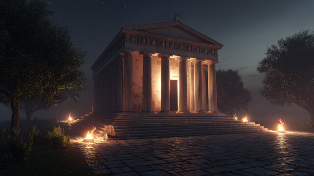 Space universe exploration, fantasy. A nighttime scene features a grand, classicalstyle temple with a pediment adorned with intricate carvings. The temple is illuminated by soft, golden light.