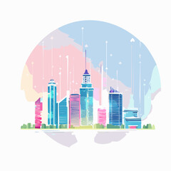 Fototapeta premium Vibrant city skyline illustration with colorful abstract background and connecting lines
