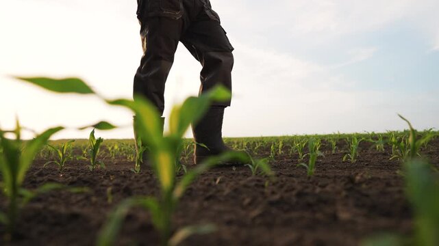 Walking through corn field inspecting seedling and growth, farmer in boots stands among crop row on dark soil, planting and agriculture care visible in corn sprout and open land, crop growth.
