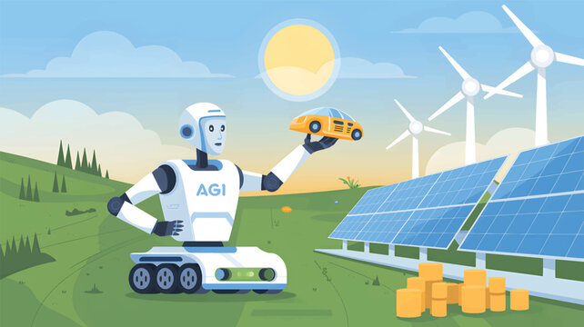 An AGI robot holding a small yellow electric car model in a field with solar panels and wind turbines