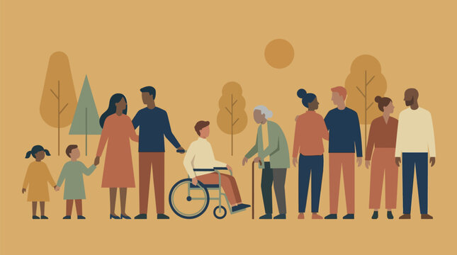 A diverse community of people gathered together in a park setting, with a focus on inclusion and unity. The image highlights a variety of people, including those with disabilities and the elderly