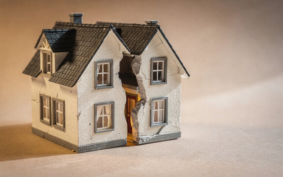 Miniature house split in half, symbolizing property conflict, divorce, or structural damage concepts in real estate and family law contexts
