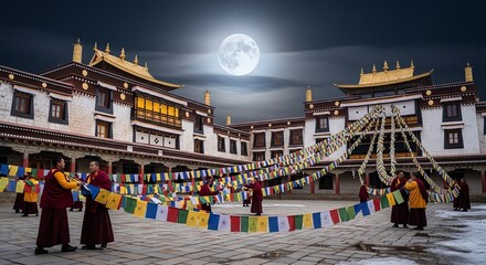 Naklejka premium Monks Prepare Prayer Flags at Tibetan Monastery Under Moon
