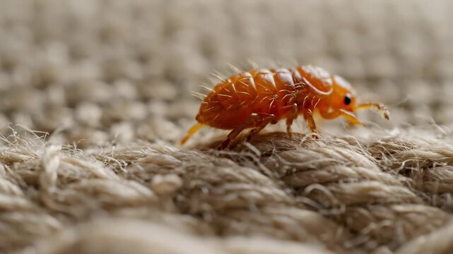 This video features a close-up shot of a bed bug crawling across a carpeted surface in a home. The bug is small and brown, with a rounded body and six legs. It moves slowly across the carpet, which