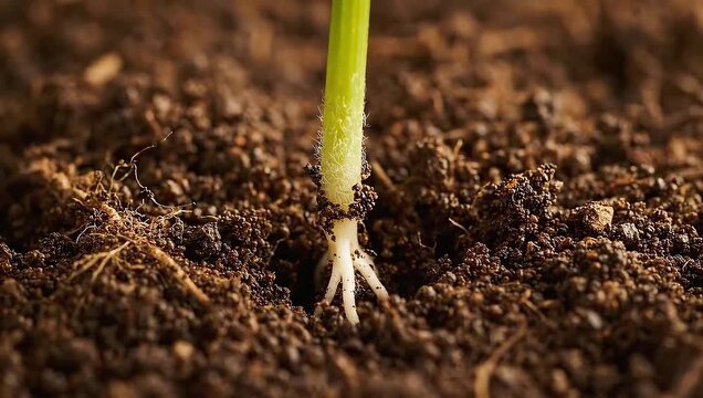 Close-up macro shot of a young green seedling with delicate roots emerging from rich dark soil