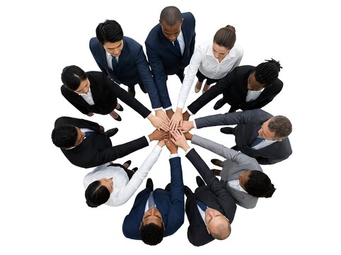 Top view of a diverse business team with hands joined in a unity circle.