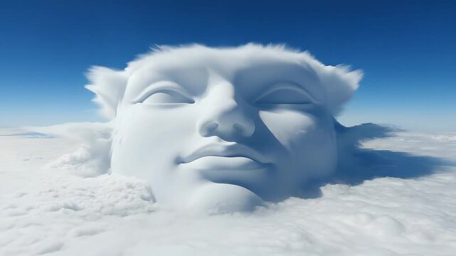 Giant cloud face floating in blue sky, ethereal dreamscape with serene expression, surreal celestial vision for spirituality, meditation, and creative storytelling.