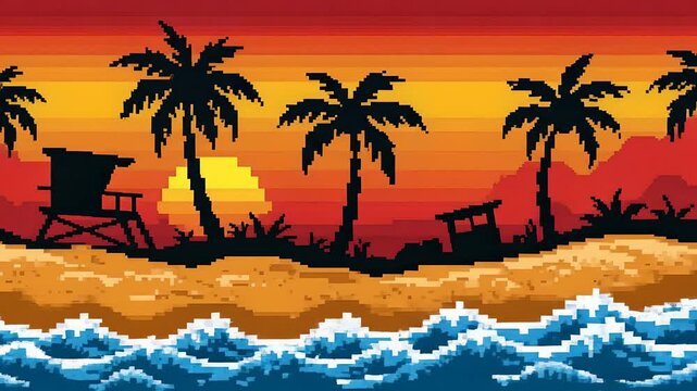 Retro pixel art tropical beach sunset featuring palm tree silhouettes, rolling blue waves, and a lifeguard tower. Nostalgic 8-bit game aesthetic for synthwave music or gaming