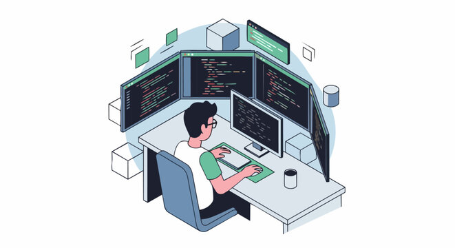 Isometric Vector Illustration of a Software Developer Working at a Multi-Monitor Desk Setup, Programmer Coding on Multiple Screens for Web and App Development