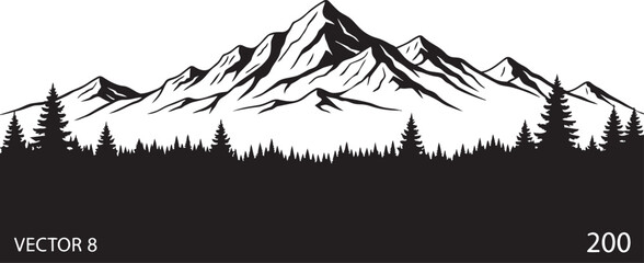 Black and white mountain range illustration with a silhouette of a pine forest in the foreground © MD