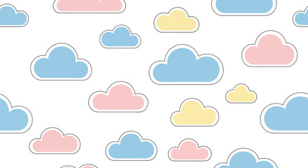Obraz premium Seamless pattern of colorful clouds in pastel tones on white background.
