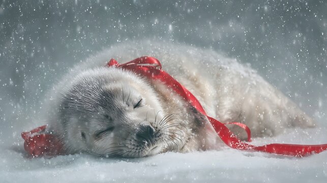 A sleeping, adorable baby seal with a red ribbon in the snow, surrounded by falling flakes