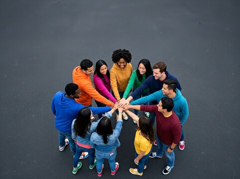 A diverse group of people in colorful clothes join hands in a circle, symbolizing unity and teamwork.