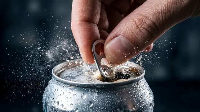 Fingers pulling tab on wet cola can with liquid splash