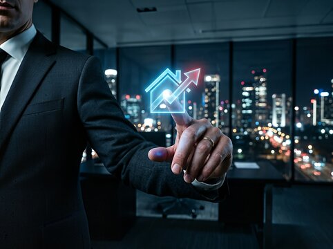 A businessman touches a rising house icon, symbolizing real estate growth.