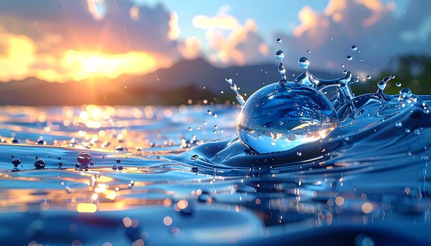 Droplet impact Sphere of water causes ripples, sky reflected. Light plays off the water's surface
