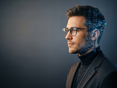 Profile of a businessman with a digital interface merging into his head, symbolizing technology integration.