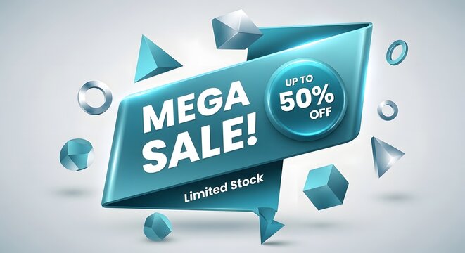 A vibrant mega sale banner advertises a limited time offer with geometric shapes