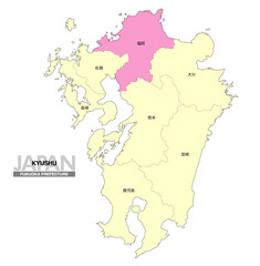 Obraz premium [日本地図] 九州の福岡県の県名入り位置地図