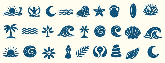 Fototapeta premium Minimal beach and ocean icon set with waves, sun, moon, shells, palm trees, and marine elements. Flat silhouette illustration ideal for travel, summer branding, and coastal design.