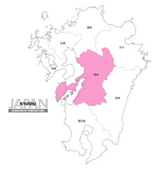 Obraz premium [日本地図] 九州の熊本県の県名入り位置地図