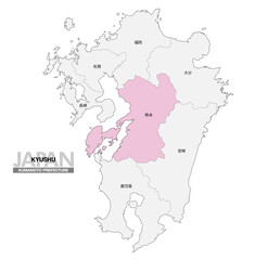 Obraz premium [日本地図] 九州の熊本県の県名入り位置地図