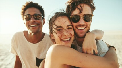 Fototapeta premium Happy multi-ethnic friends hugging and laughing together outdoors on a sunny beach, celebrating friendship and youth while enjoying a joyous summer holiday