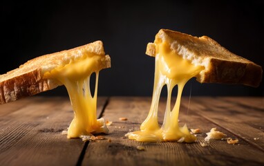 Naklejka premium Melted cheese stretching between two halves of torn bread on wooden table