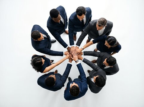 A diverse team forming a circle with hands together, symbolizing unity and collaboration in a corporate environment.