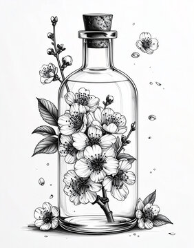 Cherry Blossom Branch in Glass Bottle, Minimalist Black and White Line Art Illustration