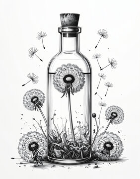 Dandelion Flowers in Glass Bottle, Minimalist Black and White Line Art Illustration