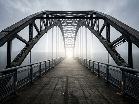 A steel bridge stretches into the fog, symbolizing a path to the unknown or a bright future.