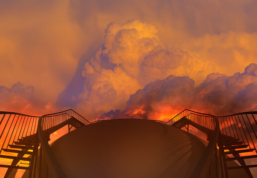 Amidst a massive fire and plumes of smoke at a natural gas tank - LNG or liquefied natural gas industrial global gas storage tank.