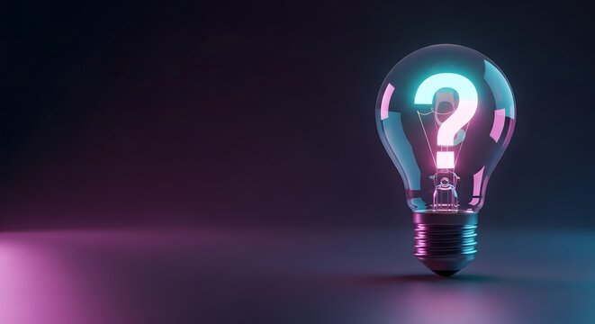 A glowing lightbulb contains a bright illuminated question mark inside it high quality